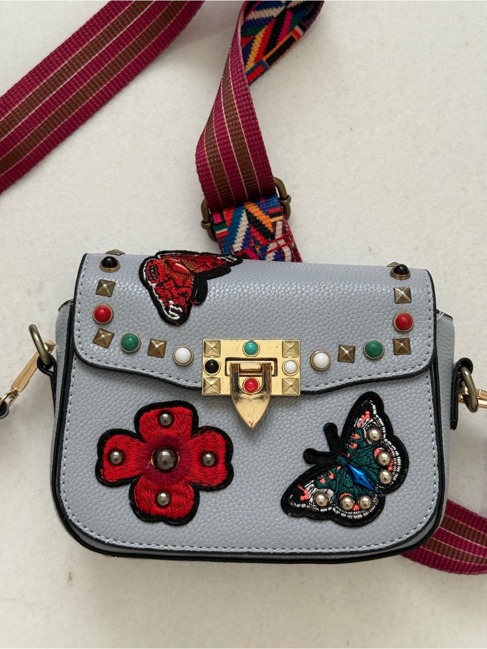 Gray Embellished Crossbody Bag with Floral & Butterfly Appliqués